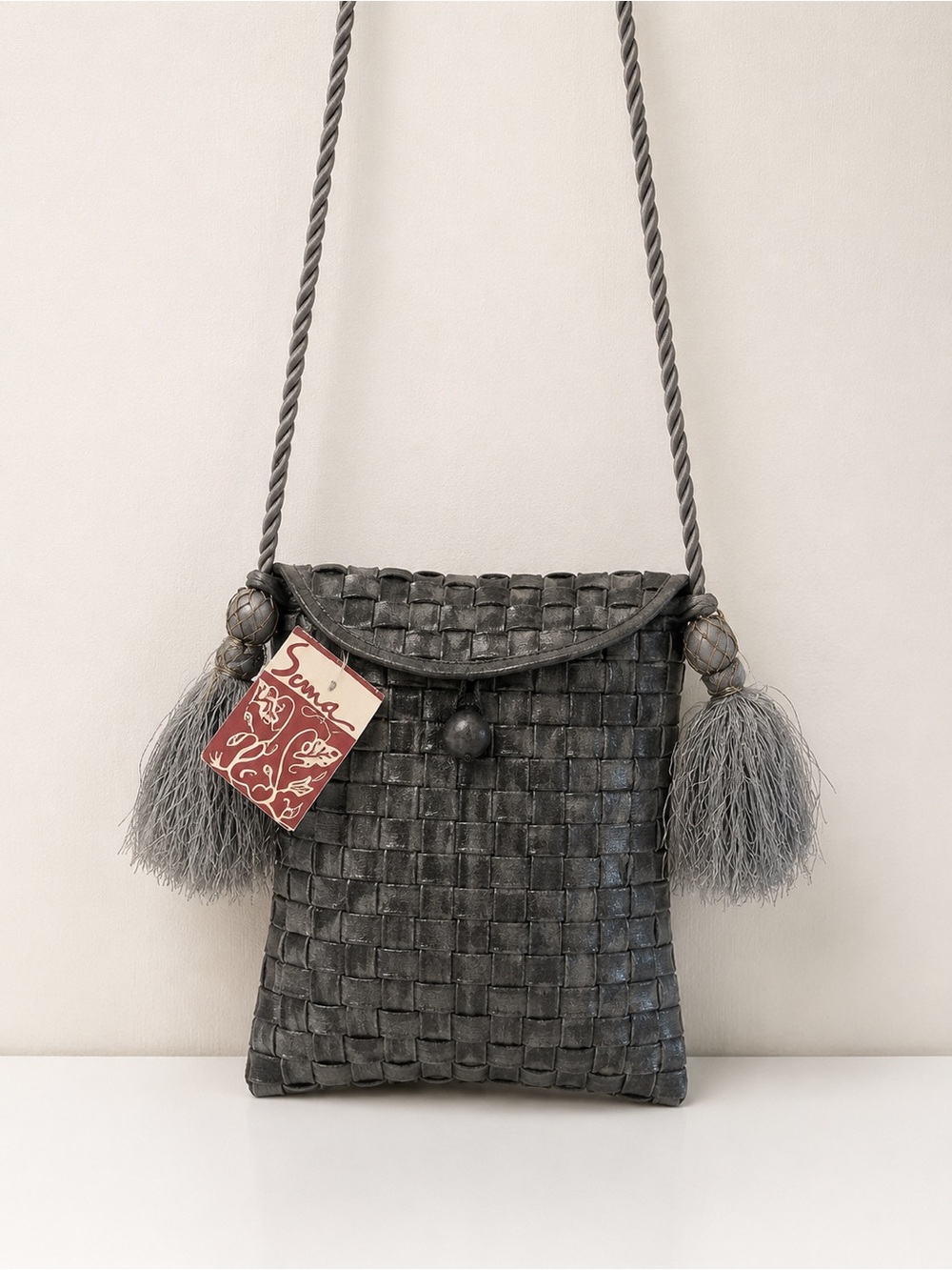 Silver Silk Crossbody Bag Basket Weave Rope Strap Tassle Evening Cocktail NWT - Picture 2 of 9